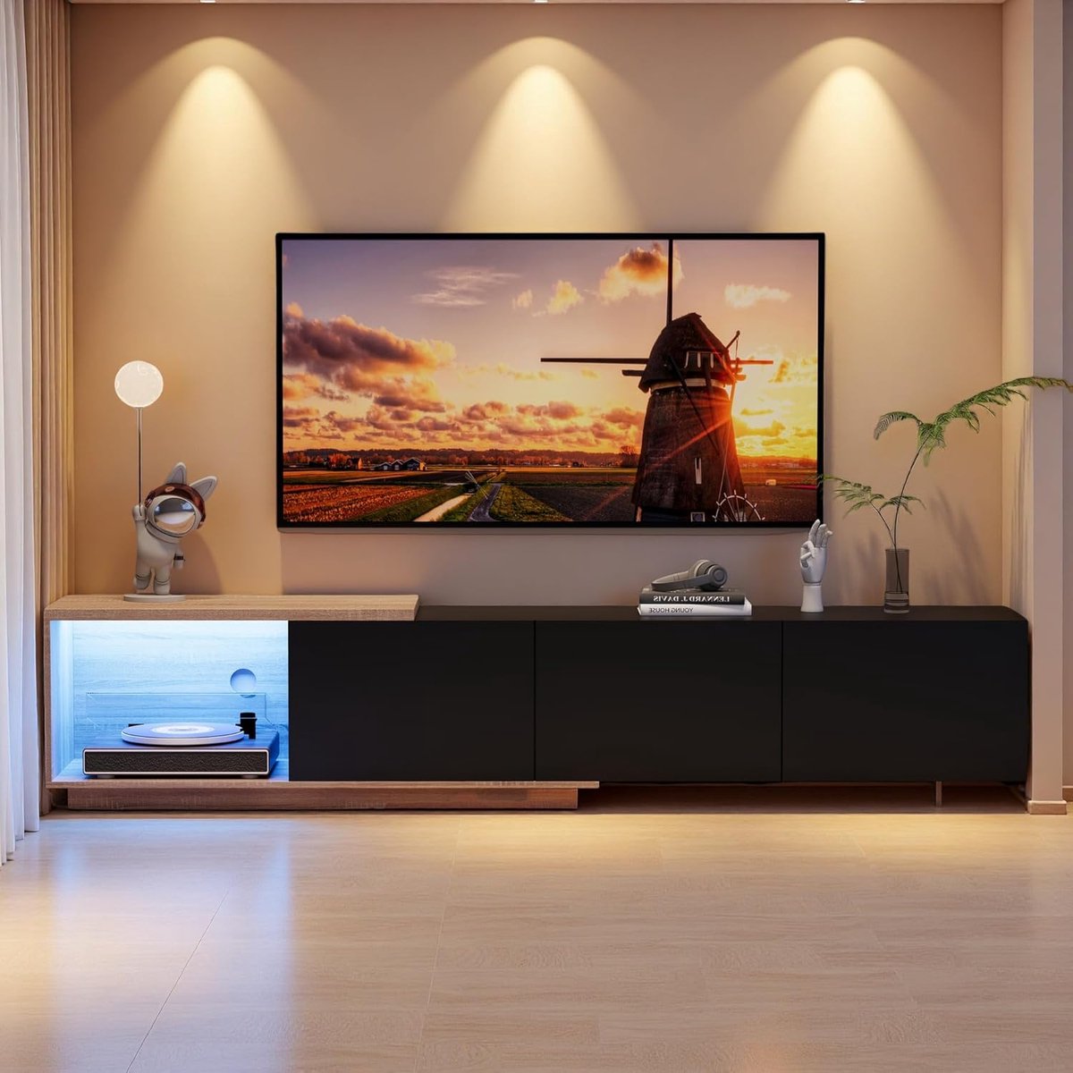 Tv-meubel met led - Mediabureau lage kast - Woonkamer entertainment - Intelligente sensorsensor - 240 cm breed - Hout en zwart