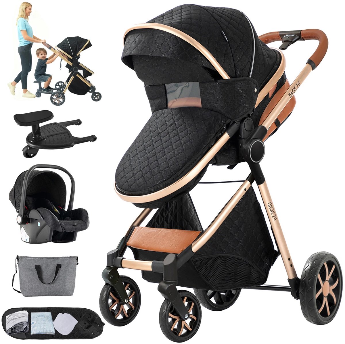 3-in-1 Kinderwagen met Autostoeltje en Wieg - Opvouwbare Lichtgewicht Buggy - Verstelbare Wandelwagen - Compact Reissysteem - Vierwielige Wielen - Hoge Zitpositie - Pasgeboren tot Peuter - 0-36 Maanden - Zwart Goud