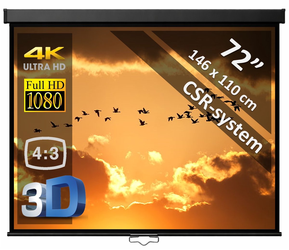 Manueel projectiescherm 72" (183cm) - 145 x 109 cm - 4:3 - mét CSR-systeem - beamer scherm - ZWARTE behuizing