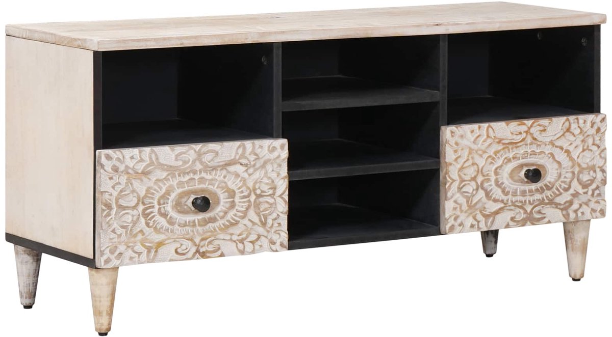 vidaXL - TV - Kast - met - lade - Wit - 100 - x - 33,5 - x - 46 - cm - Massief - Mango - Hout