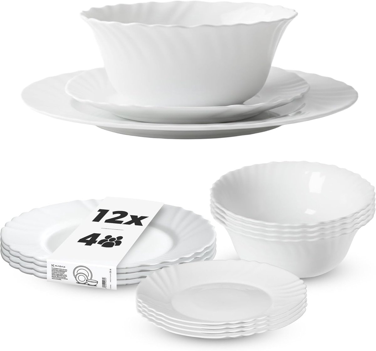 Servies 12-delig - Dinerset 4 personen - Dagelijks gebruik - Opalglas materiaal - Wit