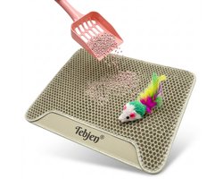 TEBJEN Kattenbakmat - 40cm * 50cm - Met Speelgoedmuisje En Schepje - Schoonloopmat Kattenbak – Katten Grit Opvanger – Dubbele Waterdichte Laag – Uitloopmat Kattenbak – Kattenverzorging – Kattenbak Accessoires - Kat Benodigdheden - Licht Bruin