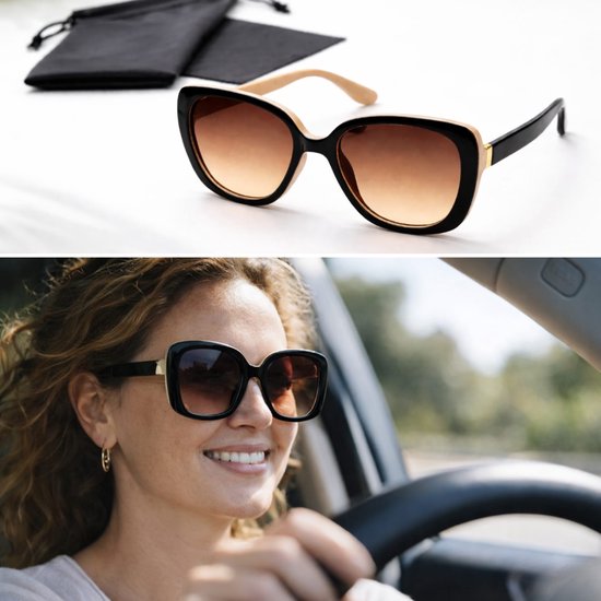 Lunettes de soleil pour femme noires surdimensionnées / lunettes UV400 / verres dégradé marron / incl. chiffon et étui souple / lunettes de soleil / lunettes cat 2 en polyester recyclé / NDL 9483 Aland optiek