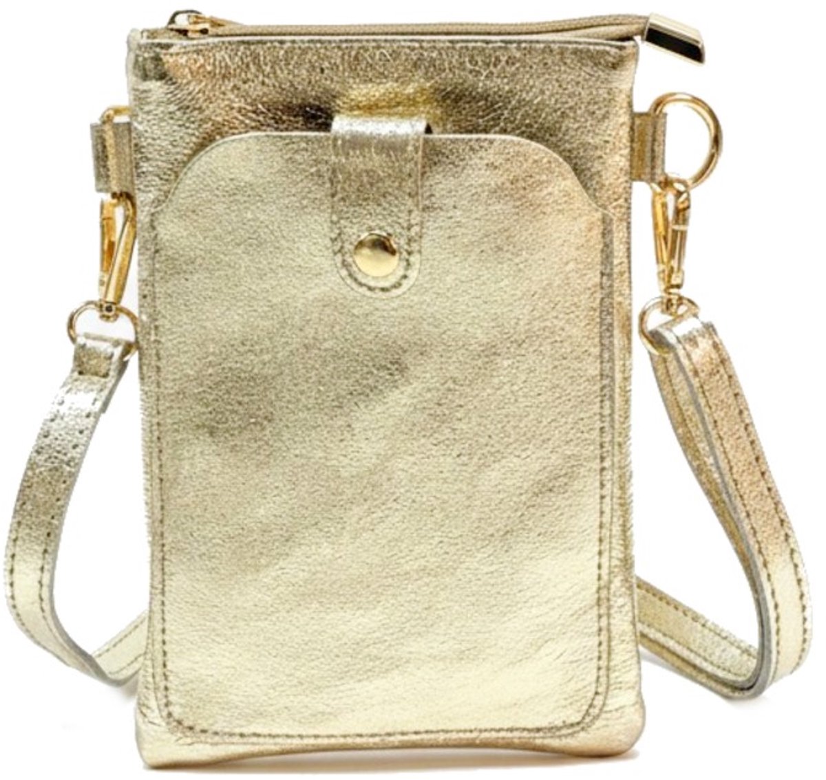 Gouden Leren Schoudertas Metallic - Schoudertassen met Telefoonvak - Leren Telefoontasjes - Goud Beslag - Leer - Goud