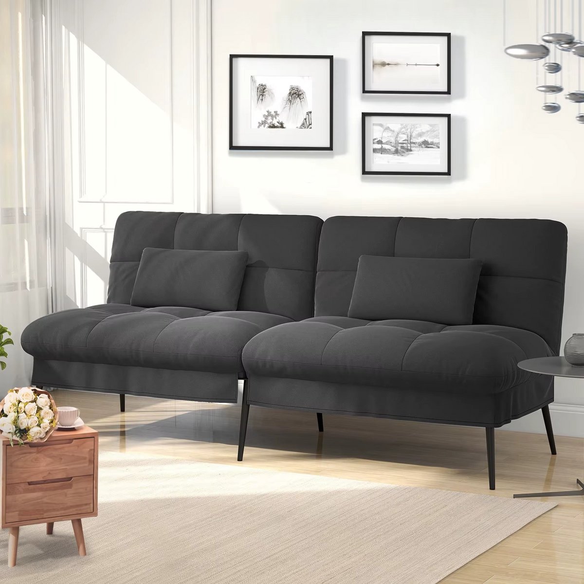 Whoopr® Futon Slaapbank 3-Zits – Uitklapbare Slaapbank / Sofa Sleeper – Verstelbare Rugleuning – Stoffen Bank – Geschikt als Hoekbank en Gastenbed - 174x102x42 cm - Donkergrijs/Zwart