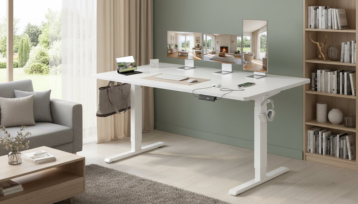 Electric Desk Casa Velluto Elevare Pure – 140x70 cm Ergonomisch Sta-Zit Bureau – Elektrisch In Hoogte Verstelbaar – Wit – USB-A & USB-C Oplaadpoorten – Modern Thuiswerk Bureau