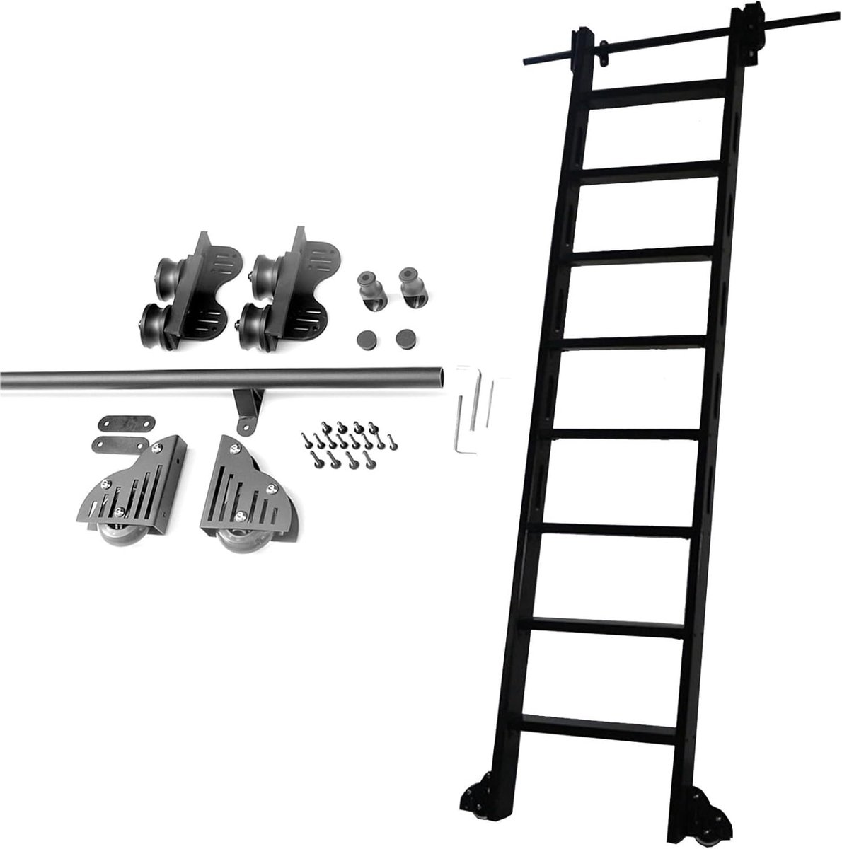Ladder Hardware Kit - Schuifladder Onderdelen - Bibliotheek Ladder - Zacht Stil Ontwerp - 200 cm Rail - Zwart