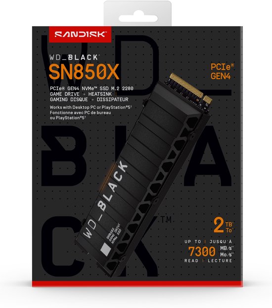 Zwarte WD_BLACK SN850X M.2 2280 game drive met heatsink.
