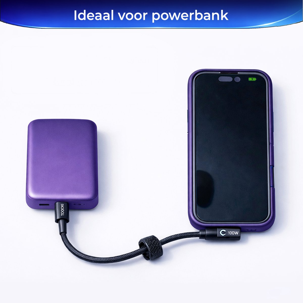 USB-C kabel 25 cm haaks & recht, 100W snelladen, duurzaam gevlochten nylon, geschikt MacBook, iPhone 15, Samsung - Afbeelding 5