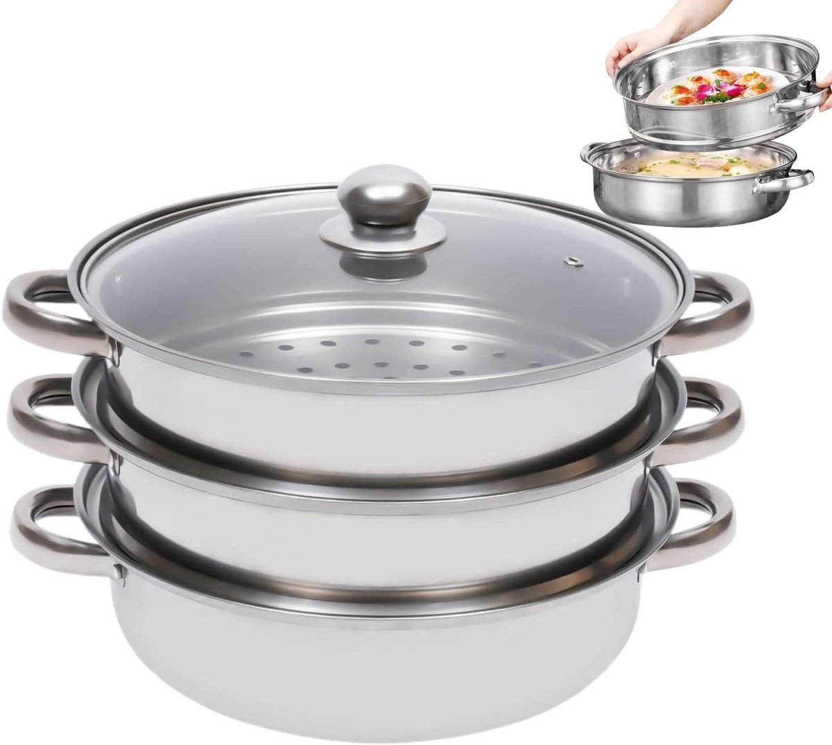 Stoompan - Kookpan stomer - Gezond koken - Stapelbaar ontwerp - 28 cm - Zilverkleurig