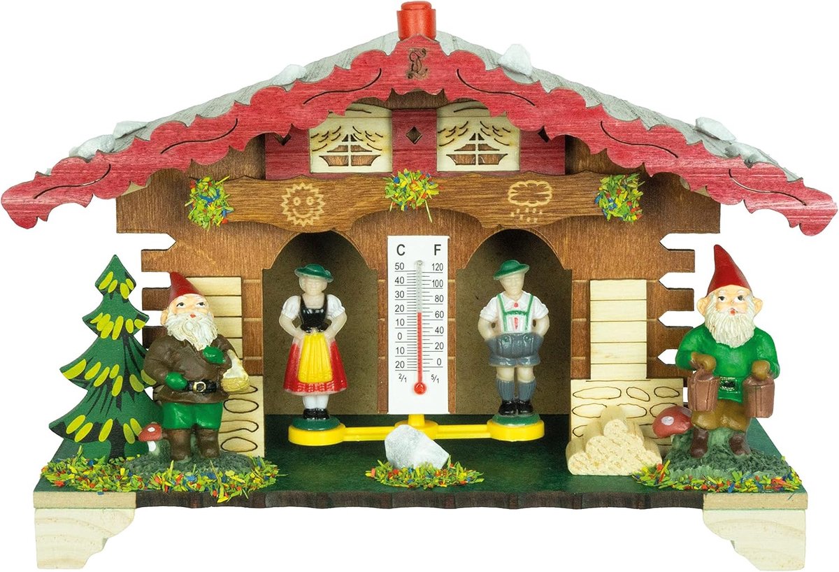 Weerhuisje Hout - Weerstation - Voorspellen Weer - Vochtgevoelige Darm - 18x14x9 cm - Kleurrijk