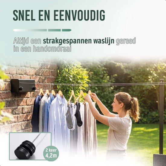 BrightLife Waslijn Uittrekbaar - Uittrekbare Wasdraad - Staalgevlochten - 2x 4,2 meter - Binnen en Buiten – Robuust RVS – Automatisch Straktrek Systeem - Alternatief Wasrek of Droogrek