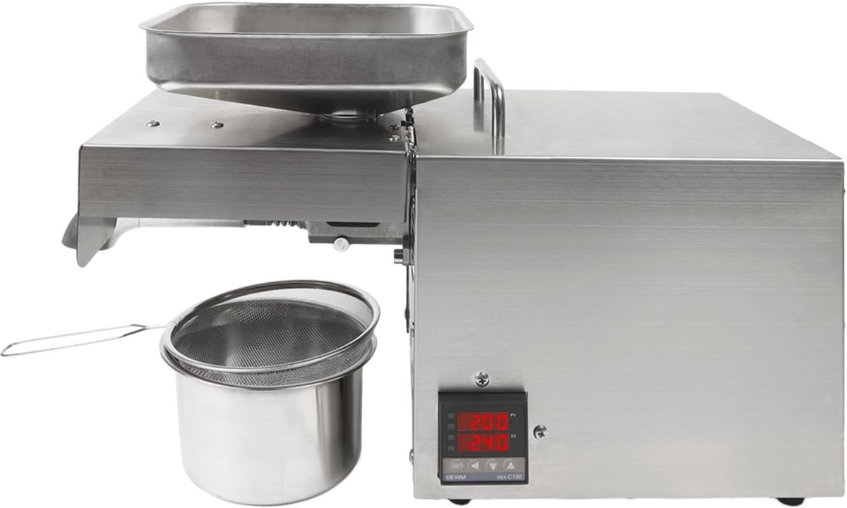 Roestvrijstalen Oliepers - Huishoudelijke Olie Machine - Zelf Olie Maken - Instelbare Temperatuur - 610 Watt Vermogen - Zilver