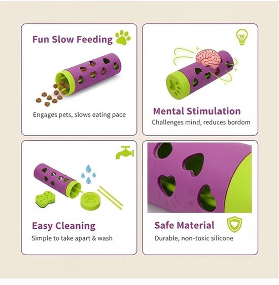 Infoafbeelding met de paarse voerrol: 'Fun Slow Feeding', 'Mental stimulation', 'Easy Cleaning', 'Safe Material'