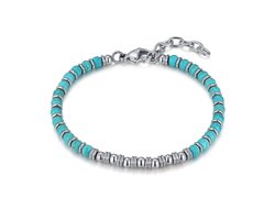 Twice As Nice Armband in edelstaal, turquoise en ronde schijven Zilverkleurig 18cm+3cm