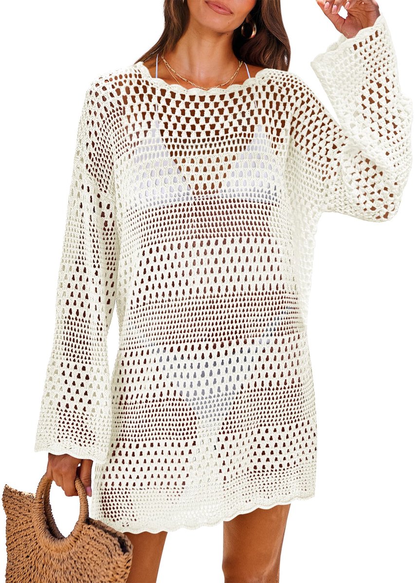 Geweo Strandjurkje - bikini cover up - Gehaakte Mesh Look - Ideaal voor de Beachclub - Wit -Size M