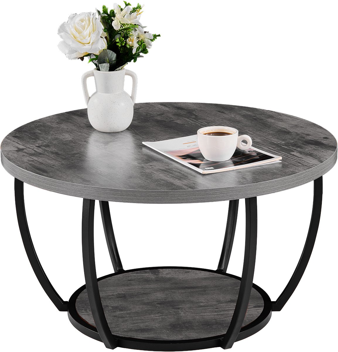Vevor Salontafel/Bijzettafel, Ronde Bijzettafel Met Twee Niveaus, Stevig Metalen Frame, Open Opbergruimte en Een Draagvermogen Van 34,9 Kg, Minimalistische Salontafel voor De Woonkamer, Grijs Marmergrijs