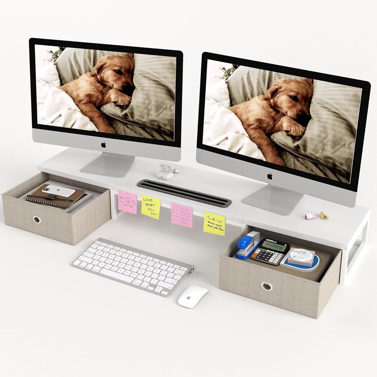 Famanu Grote monitorstandaard met opbergruimte voor 2 monitoren - houten bureau-organizer - wit - 100 cm - stevig en duurzaam