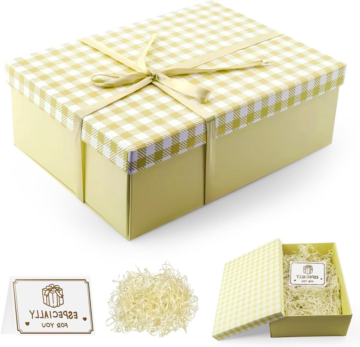 Geschenkdoos 25 x 18 x 8,5 cm - strikken en wenskaarten - verjaardag, bruiloft, Kerst, Valentijn - geel.