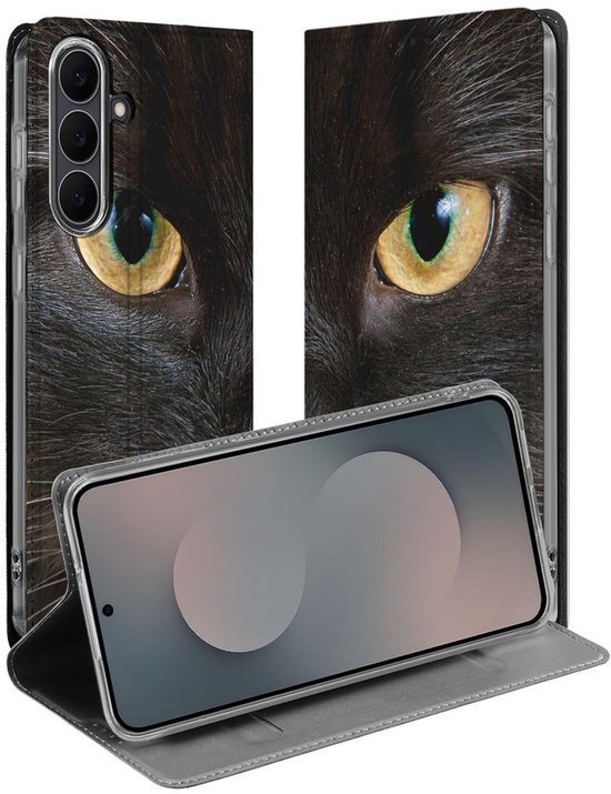 Open telefoonhoes met opdruk van een zwarte kat met gele ogen, met telefoon erin.