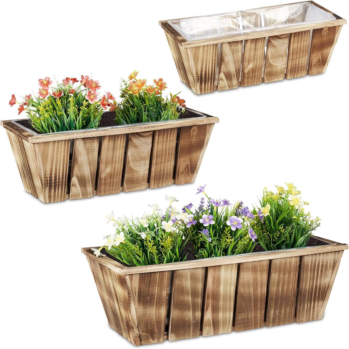 Famanu – Plantenbak hout set van 3 gevlamde look met binnenfolie voor binnen en buiten bruin