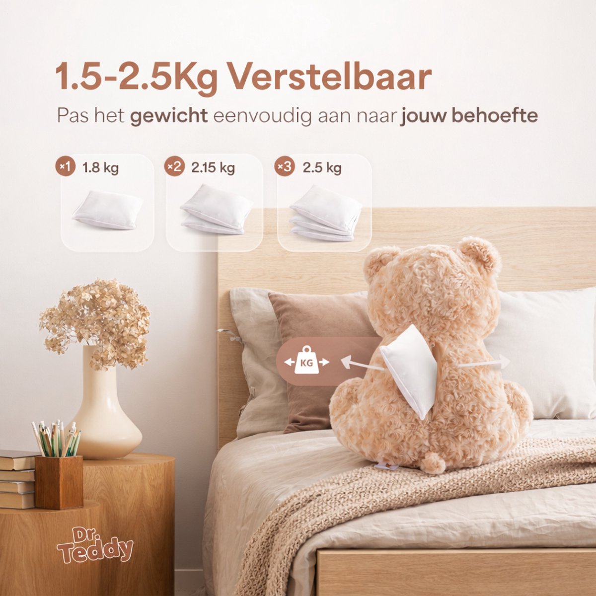 Verzwaringsknuffel - 1.5/2.5KG Verstelbaar - Verzwaarde Knuffel - Weighted Stuffed Animal - Zwaarte Knuffel - Plushie - Grote Knuffelbeer - Zware Slaapknuffel - Sensorisch Speelgoed - Verzwaringskussen - Teddybeer - Autisme - Kinderen & Volwassenen — afbeelding 5