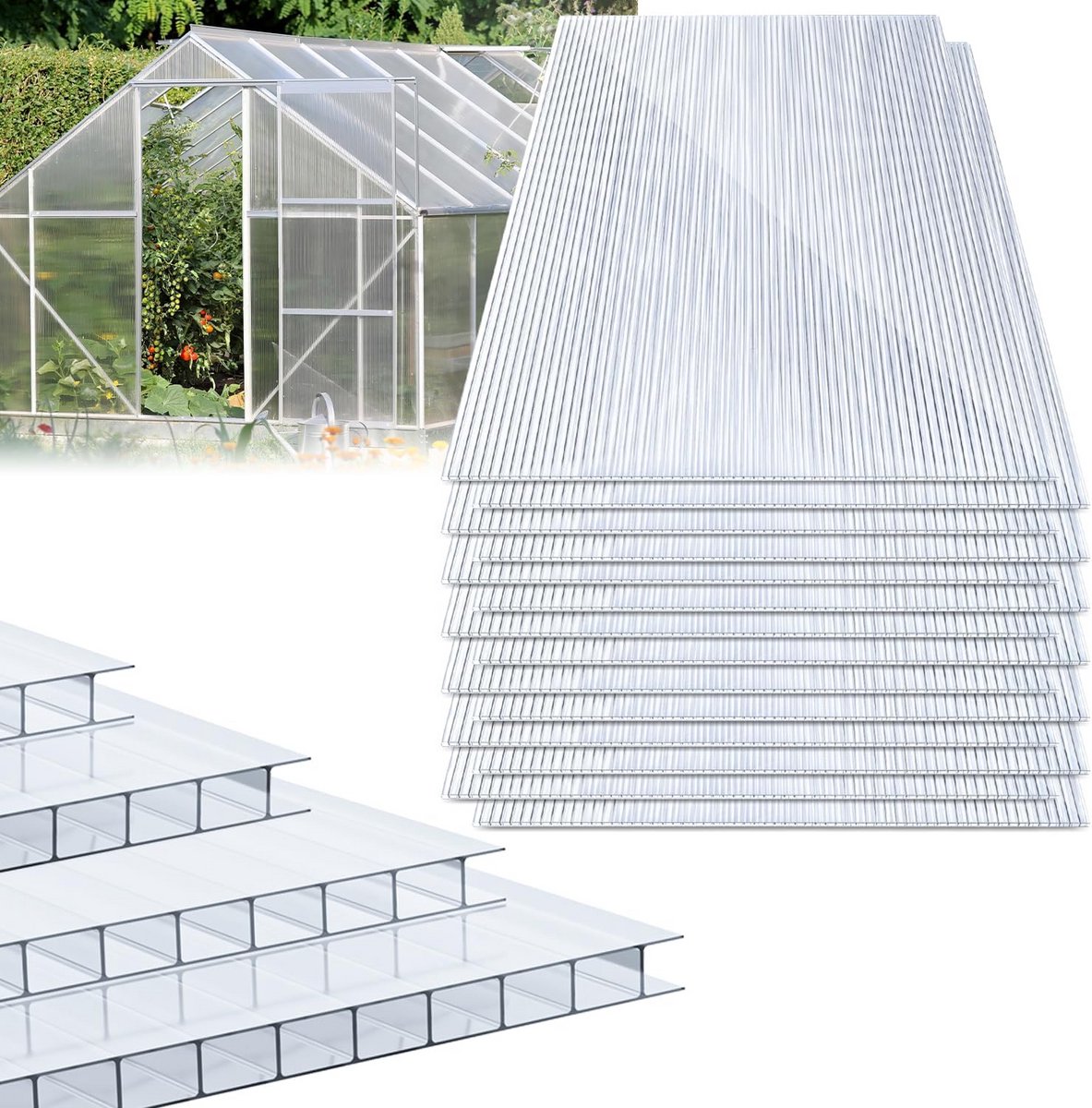 14x Polycarbonaat Kanaalplaten 4mm (60,5x121 cm) - 10,25 m² Dubbelwandig voor Kas en Tuin