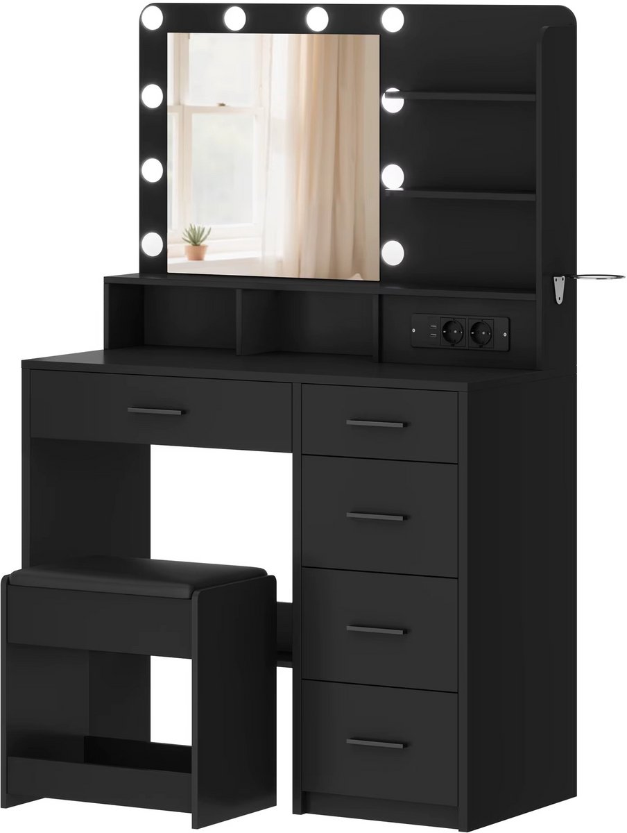 Naiz - Kaptafel - Met spiegel - Met krukje - Met 10 LED lampen - Zwart - 40 x 90 x 139 cm