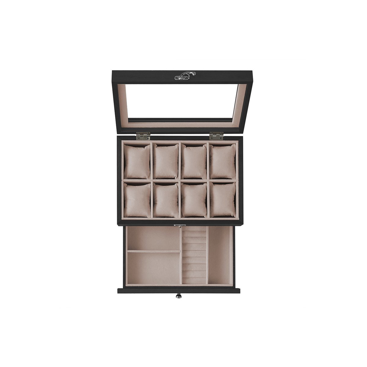 Houten horlogedoos - Massief hout - Rustiek walnoot - Ontwerp met 2 lagen, glazen deksel en 8 vakjes