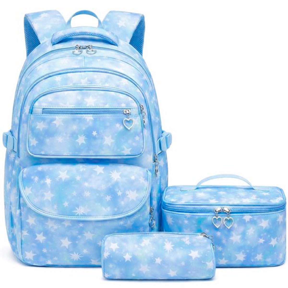 Ultiluxe® 3-delige rugzak sterren - Blauw/wit - 30 x 17 x 44 cm - Rugtas, lunchtas, etui - 15.6 inch laptoptas - Schoolrugzak voor kinderen - School set voor meiden - 22 L - Schooltas voor meisjes - Schoolrugtas met hartjes ritssluiting