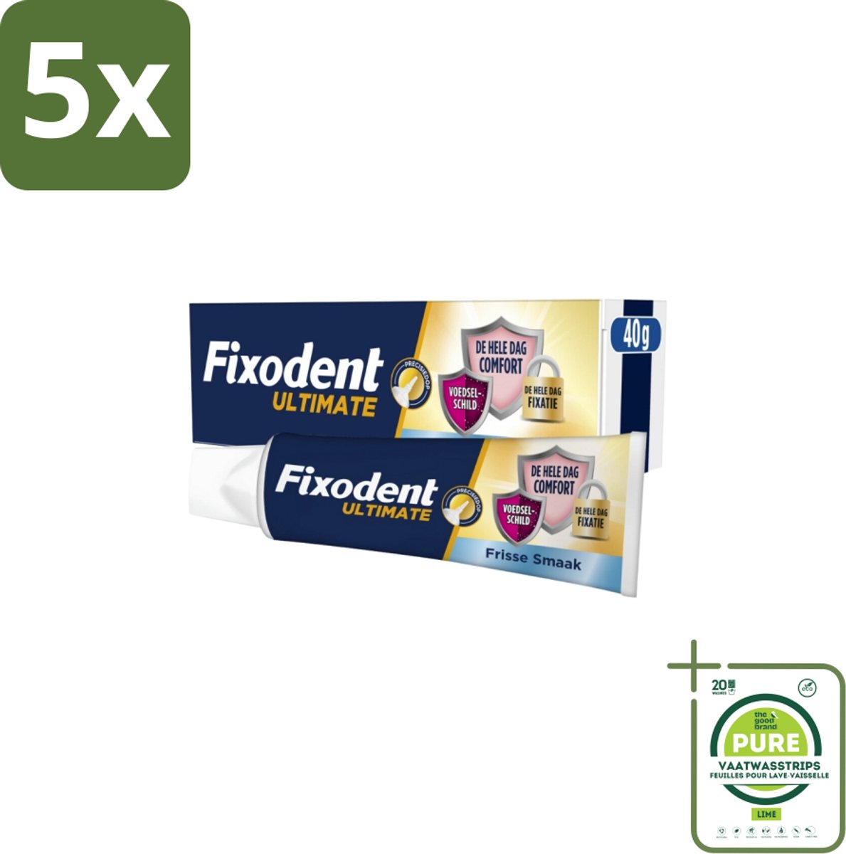 5 x Fixodent Kleefpasta Ultimate Fresh 40 gr - Grootverpakking - Kleefpasta Kunstgebit - Fixatie Kunstgebit - Voedselresten Voorkomen - Frisse Muntsmaak - Draagcomfort Kunstgebit