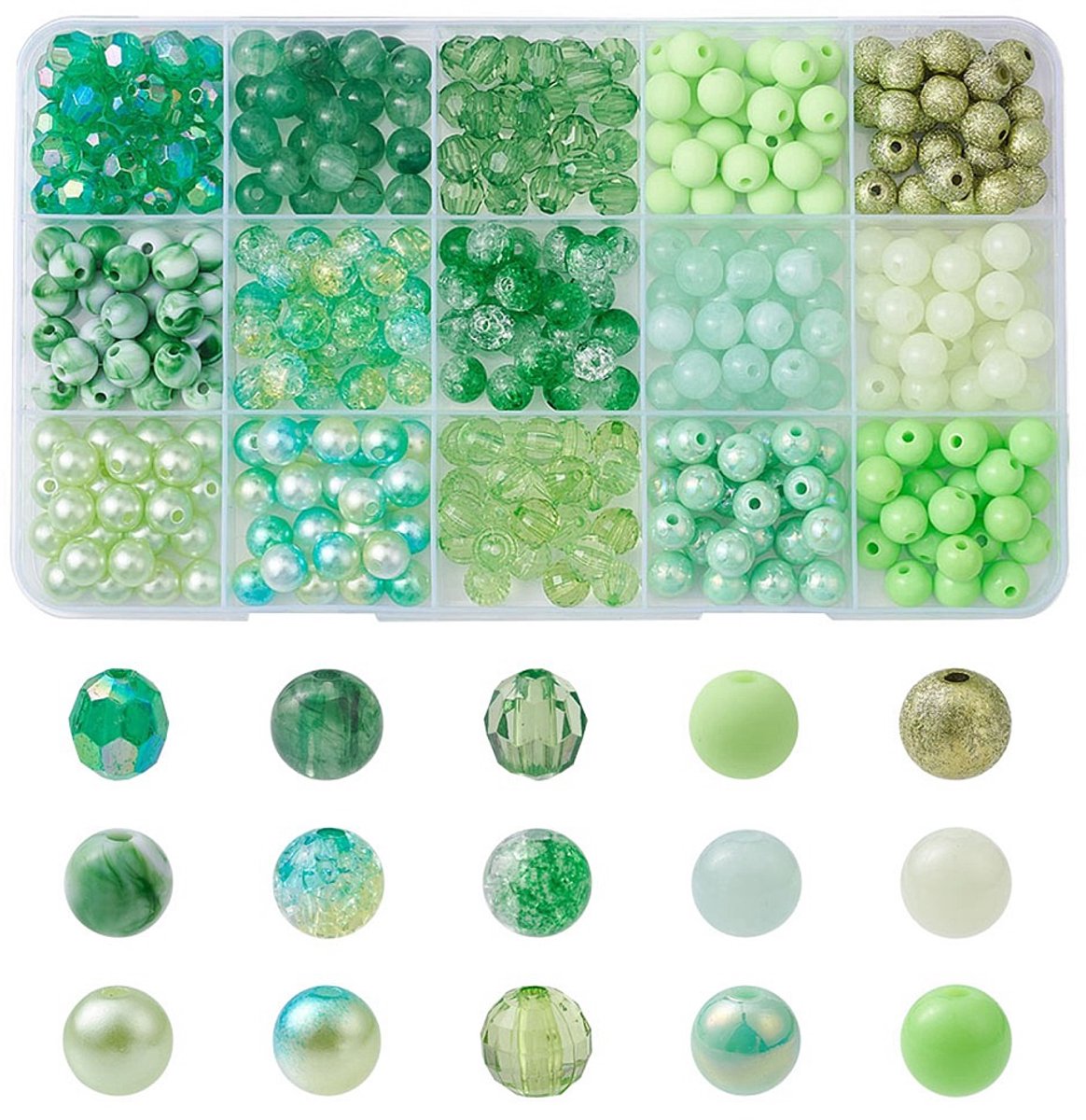 Petra's Sieradenwereld - Kralendoos groene verschillende kralen 8 mm (170)