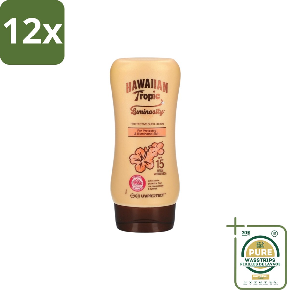 Hawaiian Tropic – Zonnebrand Lotion – Luminosity Medium SPF15 – 180 ml - Voordeelverpakking - 12 stuks - SPF15 - Huidverzorging
