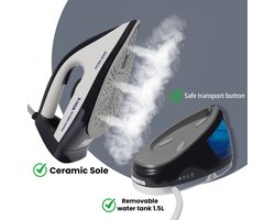 Lunekiss Strijkcentrum 3100W Keramische Strijkzool – Continu & Verticaal Stomen – Zelfreinigend – 1,5L – 360°Snoer –Snel