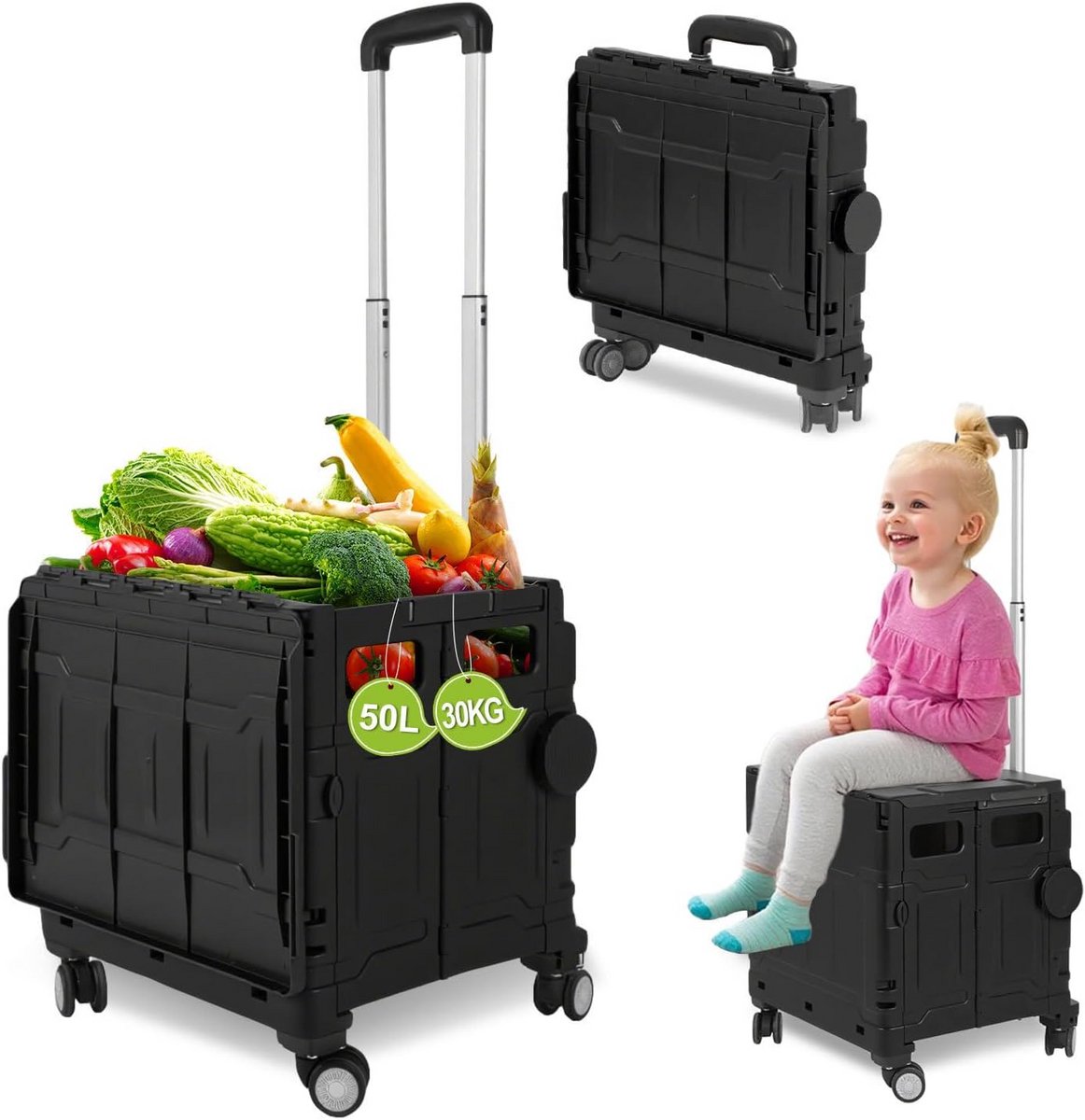 Shopping Trolley Opvouwbaar - Boodschappentrolley Karretje - Boodschappen Vervoeren - Kantelbaar Handvat 3 Posities - 50 Liter - Zwart