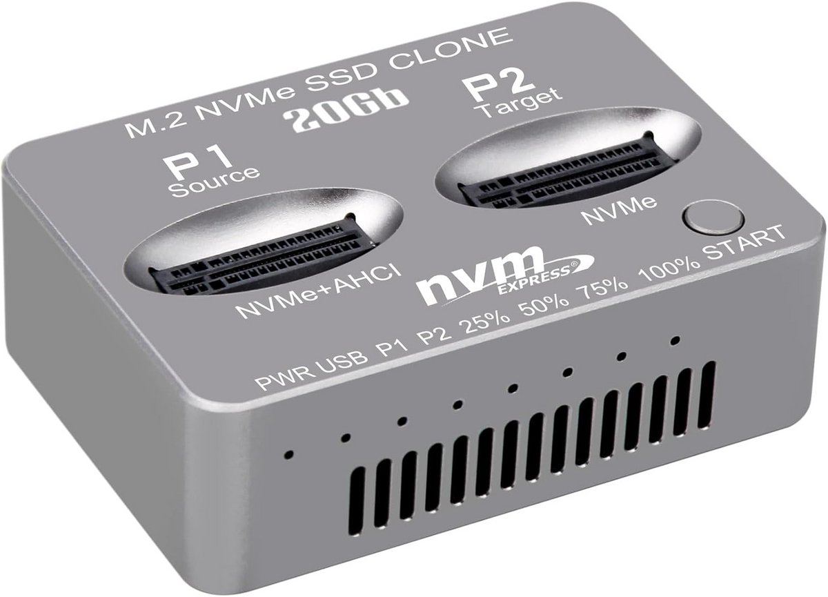 Dual-Bay M.2 NVMe SSD Kloner Dockingstation USB-C 20Gbps Offline Duplicator