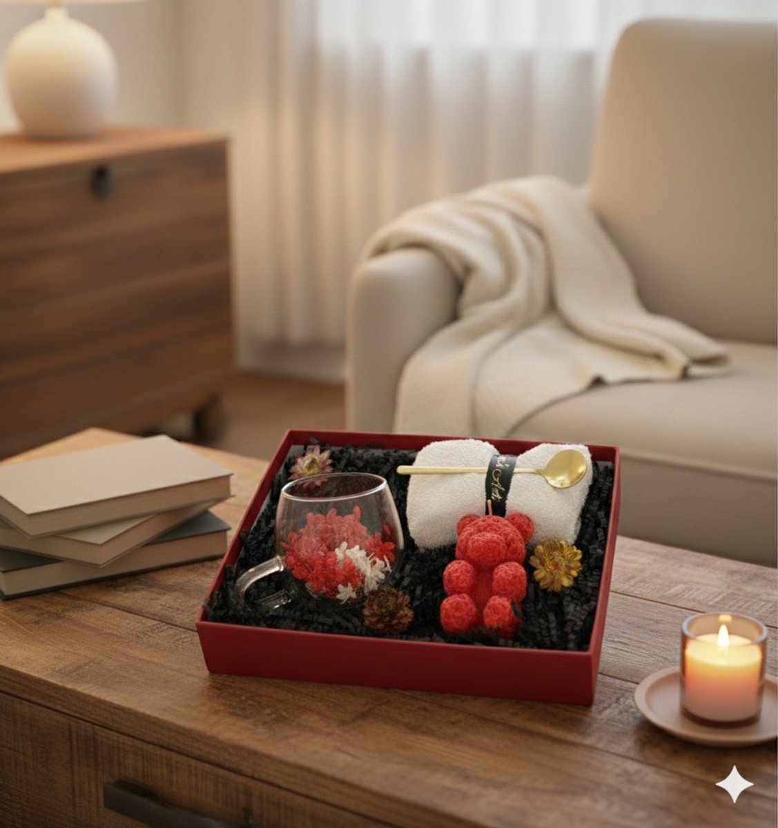 Luxe Cadeau Set voor Haar – Wellness Verwenpakket – Inclusief Beer Kaars, Dubbelwandig Glas met Droogbloemen & Fluffy Sokken – Valentijn / Verjaardag / Moederdag
