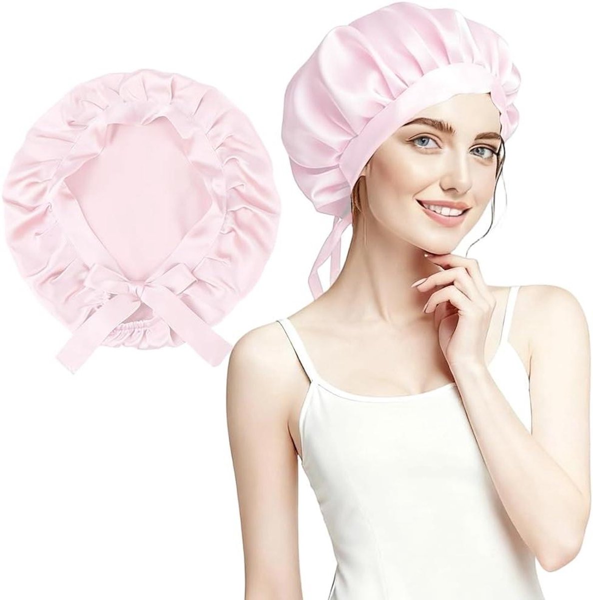 Zijden bonnet voor dames en meisjes, nachtslaapmuts met elastische band in roze kleur