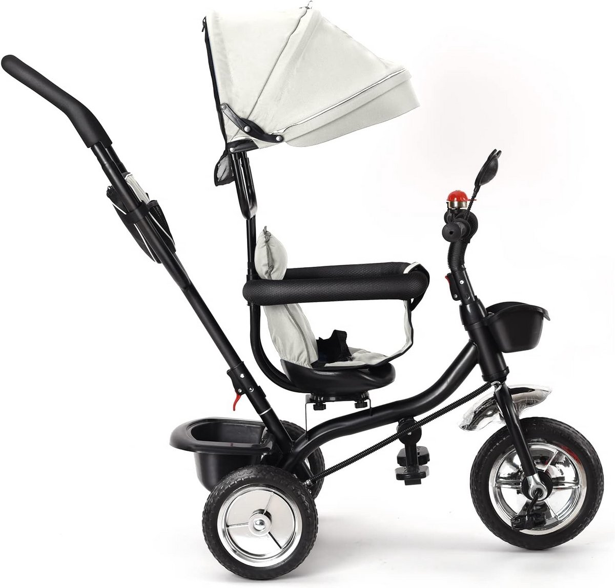 4-in-1 Driewieler Grijs voor Baby en Peuter met Duwstang en Veiligheid Harnas (9 mnd - 5 jaar)