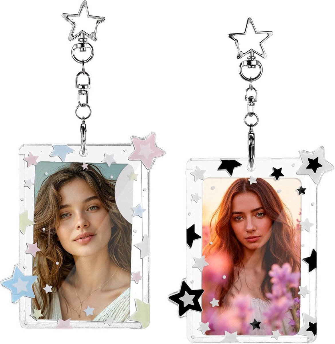 2-delige set Acryl Fotokaarthouders met Ketting - Universele ID Kaarthouder voor Sterrenfotokaarten en Sleutelhanger