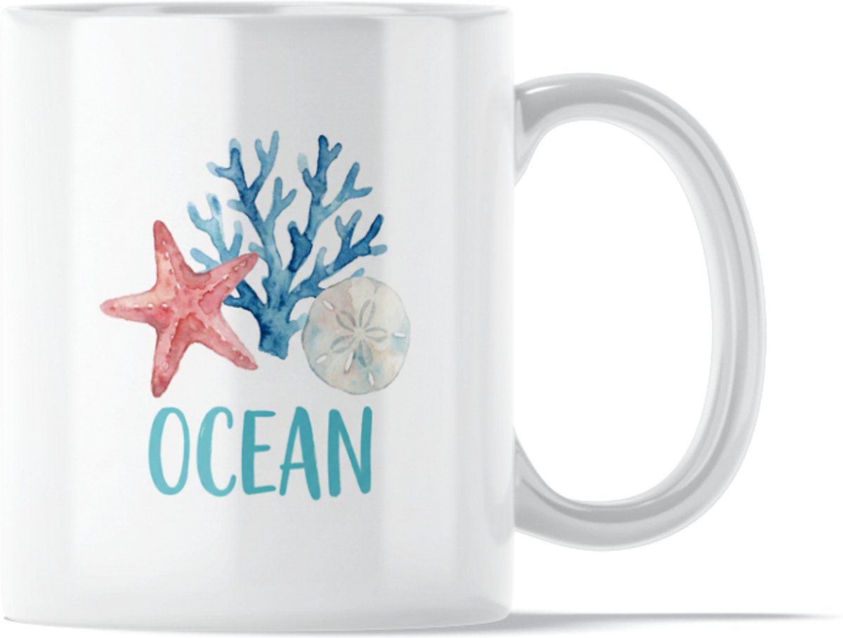 "Aquarel Series" Mok: Ocean - Zomerse Waterverf Mok met Koraal en Zeester - Positieve Herinnering aan de Rust en Dynamiek van de Zee - Nautisch Maritiem Natuur Symbool - Dieren Werk Quote Valentijns Cadeau voor Collega Vrouw of Vriendin