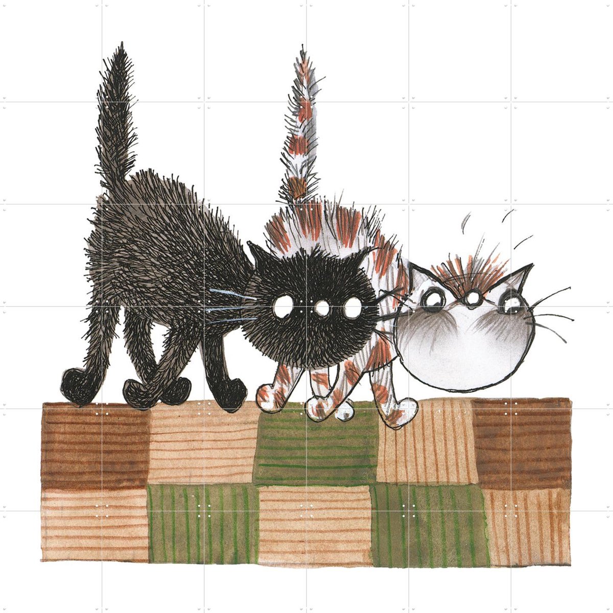 IXXI Pim & Pom lopen op het dak, Fiep Westendorp - 120 x 120 cm - Gratis ophangtool - Grote wanddecoratie en posters - Cartoonesk, Illustraties