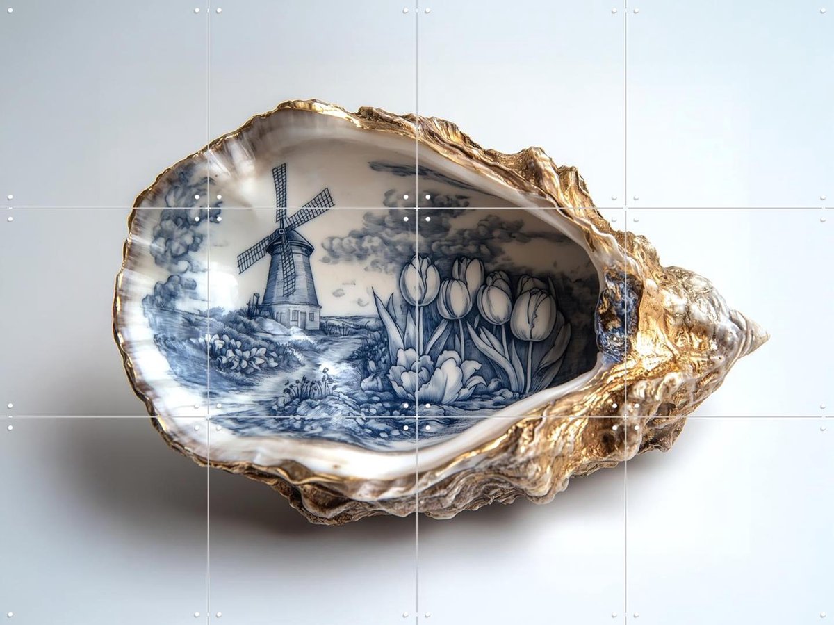 IXXI Delfts Blauwe Oester, Margriet Hulsker - 80 x 60 cm - Gratis ophangtool - Grote wanddecoratie en posters - Realisme, Klassiek, Keuken, Eetkamer