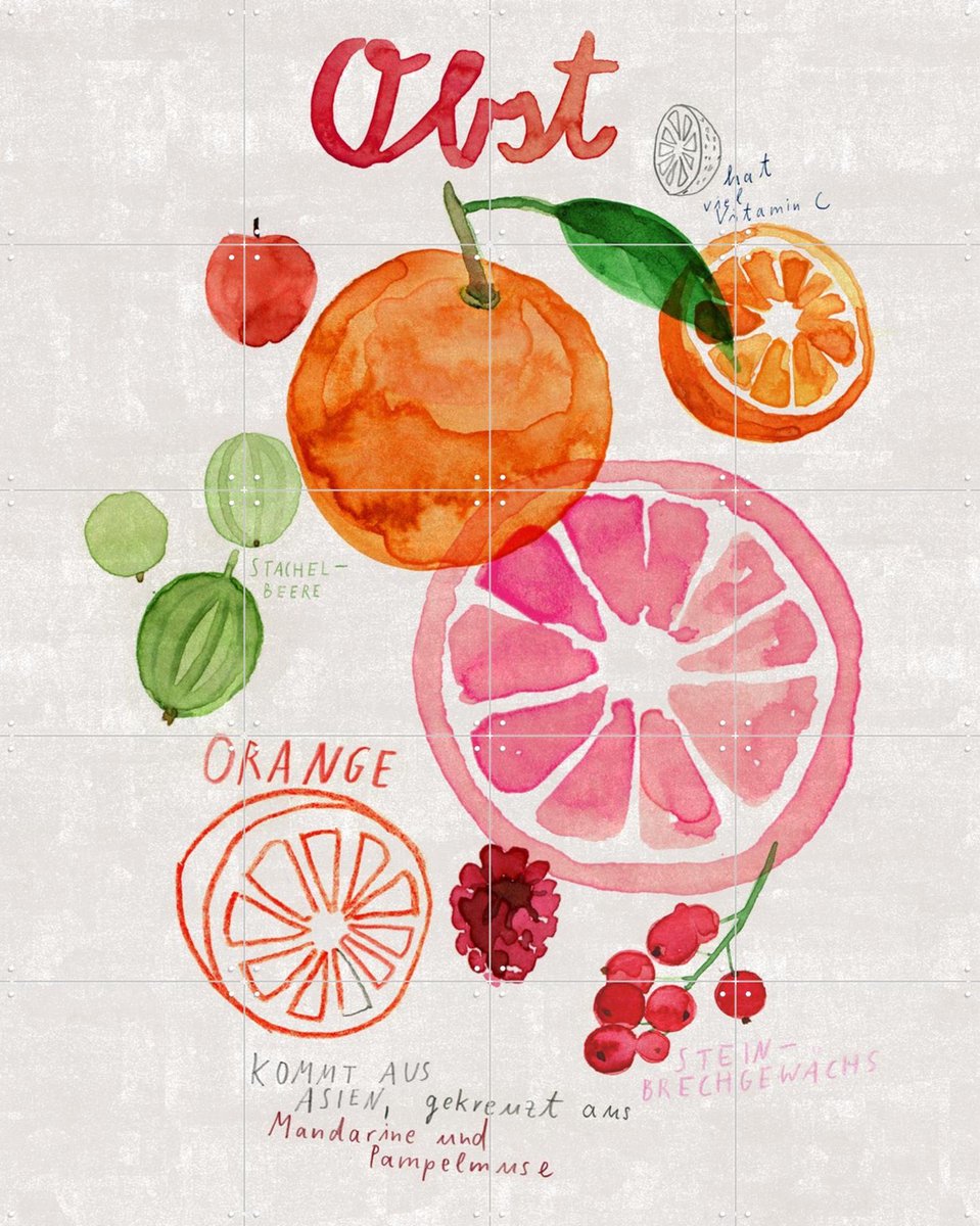 IXXI Obst, Signorinah - 80 x 100 cm - Gratis ophangtool - Grote wanddecoratie en posters - Aquarel, Speels, Illustraties, Kleurrijk, Eetkamer, Keuken