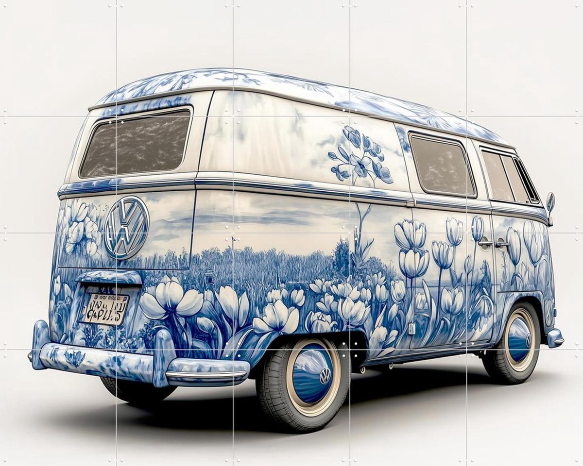 IXXI Delfts Blauwe VW Bus 4, Margriet Hulsker - 100 x 80 cm - Gratis ophangtool - Grote wanddecoratie en posters - Vintage, Illustraties, Woonkamer