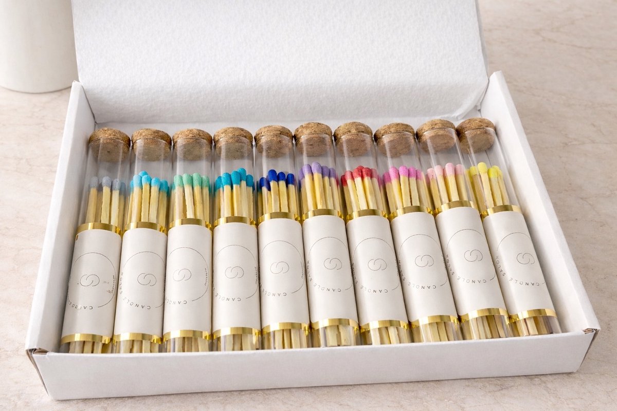 Candle Salon Lange gekleurde Lucifers- Glazen Houder met kurkdop- box met 10 stuks