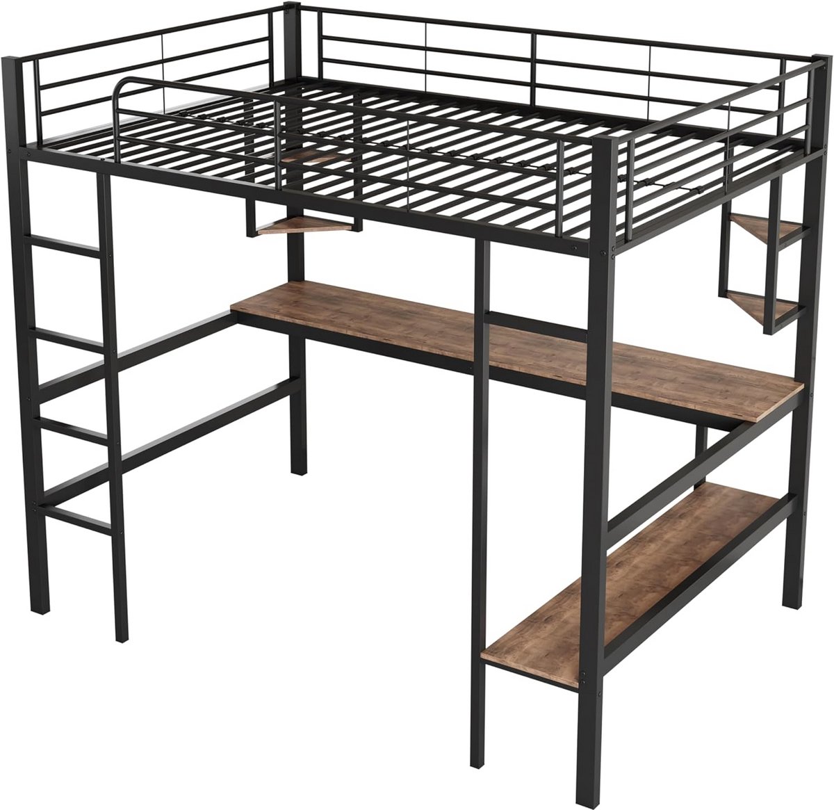 Hoogslaper met Bureau en Planken, Metalen Eenpersoonsbed 90x200 cm voor Jongeren en Volwas
