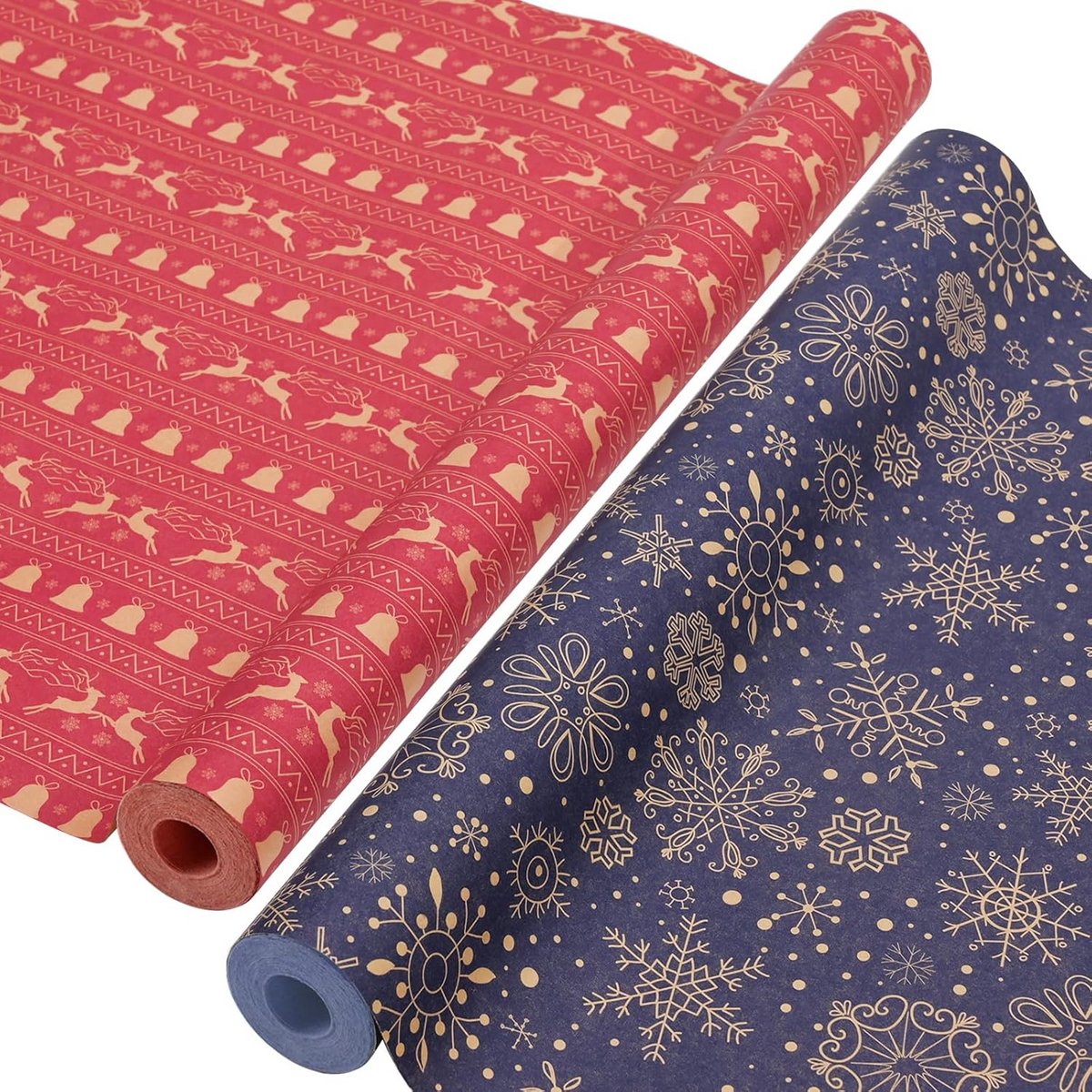 2 Rollen Kerst Inpakpapier Kraft - Blauw Rendier - 43cm x 15m - Recyclebaar Cadeaupapier