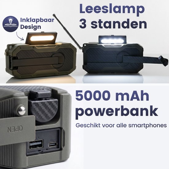 Noodradio Solar Opwindbaar - DAB+ / AM / FM Nood Radio - 5000 mAh Powerbank Zonneenergie - Bouwradio - Badkamer Radio - Noodpakket