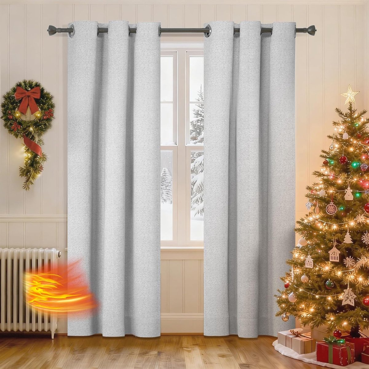 Famanu Verduisteringsgordijn - 100% linneneffect - thermisch gordijn - isolerend - tegen kou en hitte - 2 stuks - 140 x 240 cm - geluidsbescherming - moderne gordijnen - slaapkamer - huis - woonkamer - met oogjes Grigio Bianco